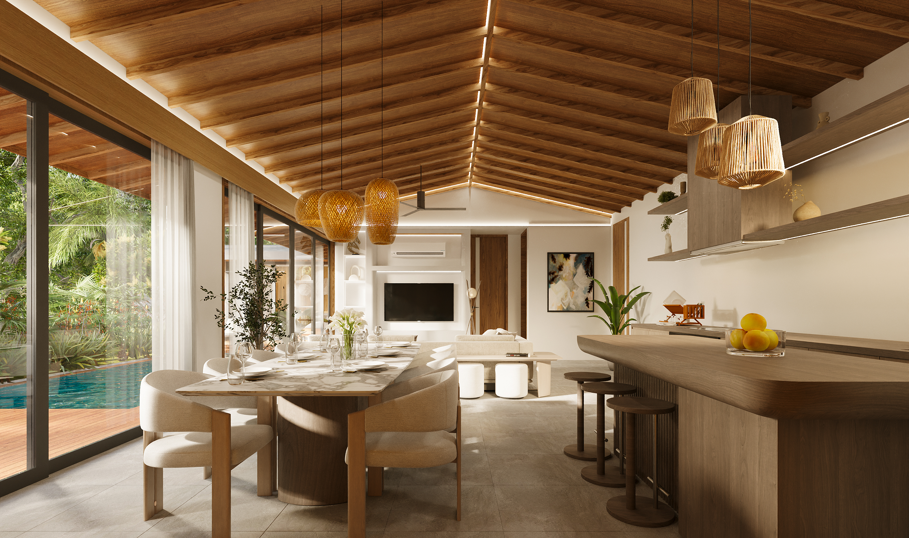 Akami Villas — landscaped garden with rice field views